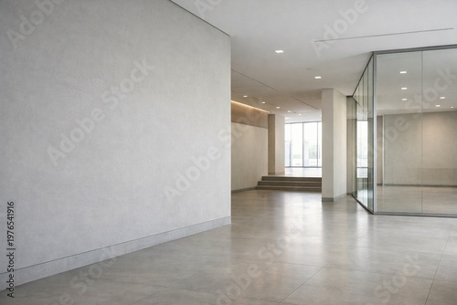 Modern Minimalist Interior Space with Glass Wall and Soft Natural Light for Premium Commercial Background