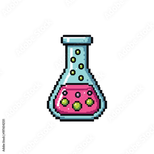 A pixel art representation of a chemistry flask filled with pink bubbling liquid and green particles, isolated on a white background.