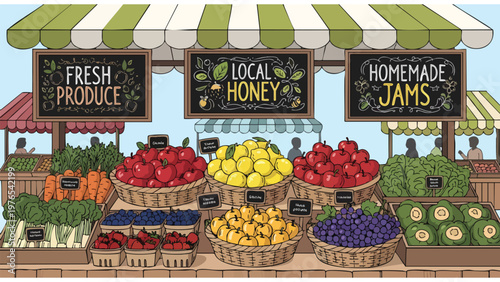 Farmers Market Stall Display: Fresh Produce, Local Honey, Homemade Jams For Sale