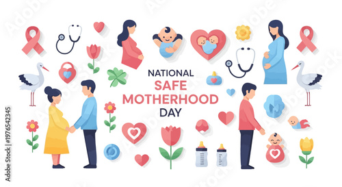 National Safe Motherhood Day is represented in a flat lay illustration featuring expectant parents, storks, hearts, and medical equipment against a clean white background