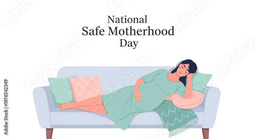 A pregnant woman rests peacefully on a couch during National Safe Motherhood Day, depicted in a serene vector illustration with soft pastel colors against a clean white background