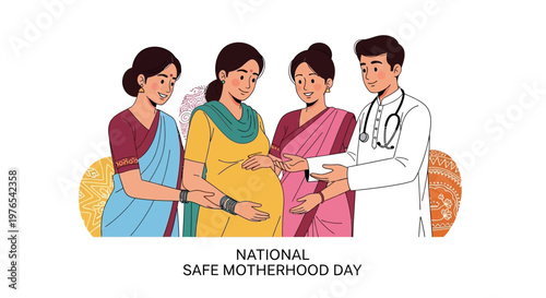 A supportive doctor and family members gently touch the pregnant belly of a woman celebrating National Safe Motherhood Day, depicted in a colorful vector illustration against a clean white