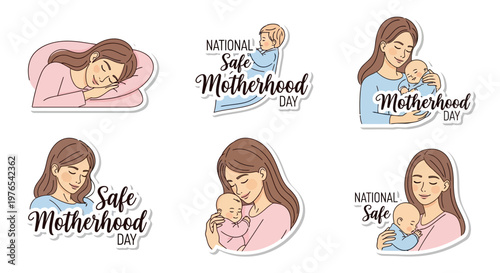 Collection of vector illustrations depicting National Safe Motherhood Day with a serene mother sleeping, another cradling her baby, conveying maternal health awareness against a clean white