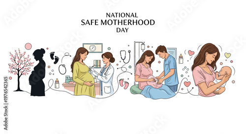 A vector illustration commemorates National Safe Motherhood Day by depicting stages of parenting and pregnancy care, with a clean white background and pastel colors, conveying a message