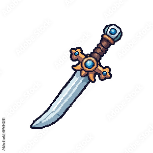 A decorative pixel art dagger featuring a curved silver blade and an ornate golden crossguard adorned with blue gems on a plain white background.