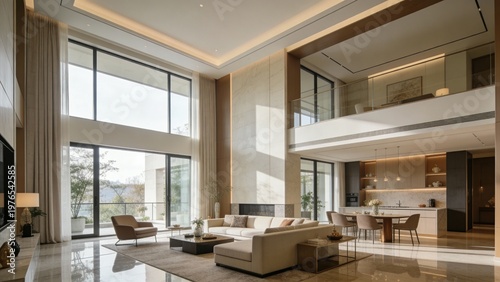 Spacious modern luxury living room interior with double-height ceiling, large windows, elegant furniture, and ample natural light.