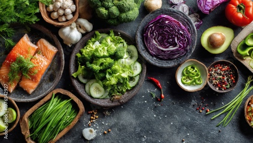 Colorful assortment of fresh, healthy food ingredients including salmon, broccoli, red cabbage, and green vegetables, ideal for nutritious meal preparation and a balanced diet