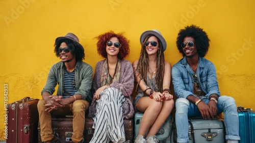 Four stylish young friends in bohemian attire sitting on vintage suitcases against a vibrant yellow wall, ready for an adventure