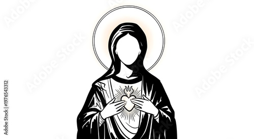 Stylized Black and White Illustration of the Immaculate Heart of Mary with Halo.