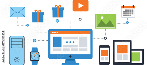 digital devices ecosystem illustration, responsive web design concept, multi device connectivity, mobile tablet desktop smartwatch integration, technology network, modern interface design