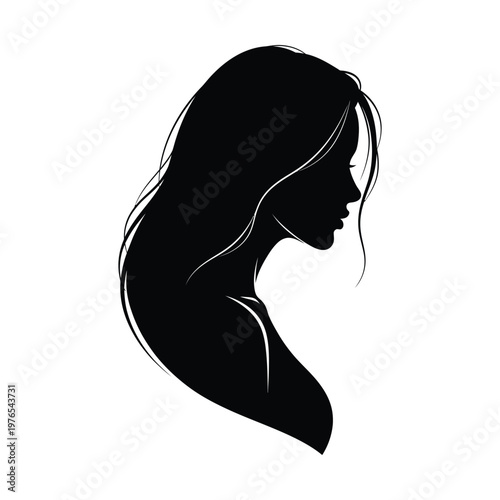 Elegant silhouette of a woman with flowing hair in profile view