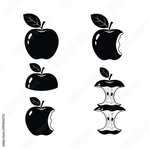 Stages of an apple being peeled and cored in a simple black and white illustration