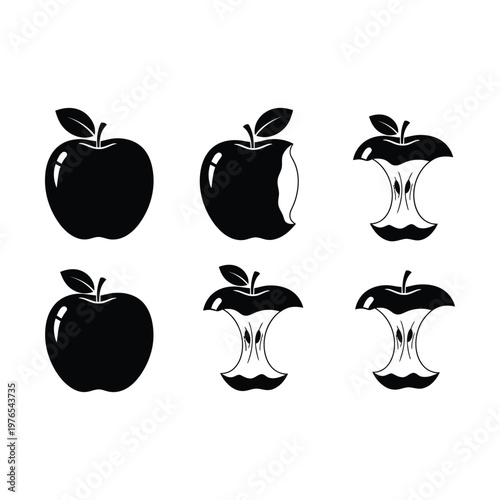 Six stylized black and white apple illustrations showing different stages of an apple being eaten