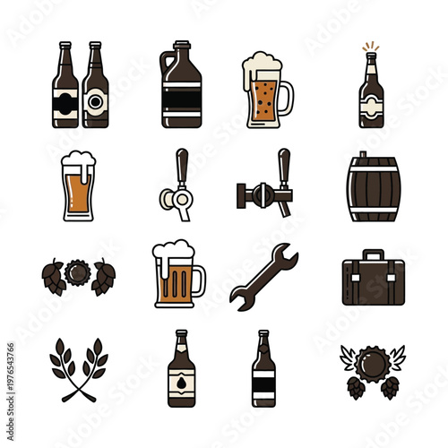 Collection of icons representing brewing, beer-making, and bar equipment
