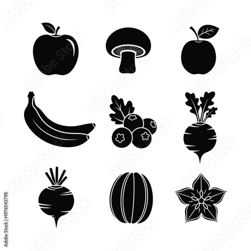 Black and white icons of various fruits and vegetables in a minimalist style