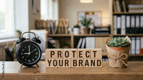 Protect your brand message made from wooden letter blocks rests on a light office table near an analog clock and a succulent, emphasizing marketing responsibility and trust.
