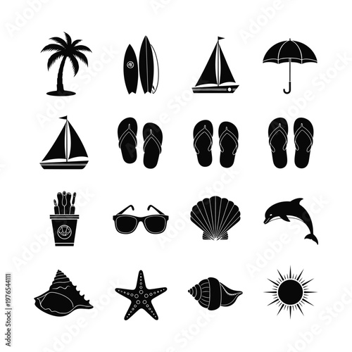 Collection of iconic beach and ocean-themed silhouettes in black and white