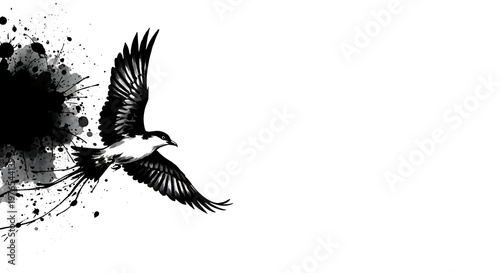 Dynamic Black and White Bird in Flight with Ink Splatter.