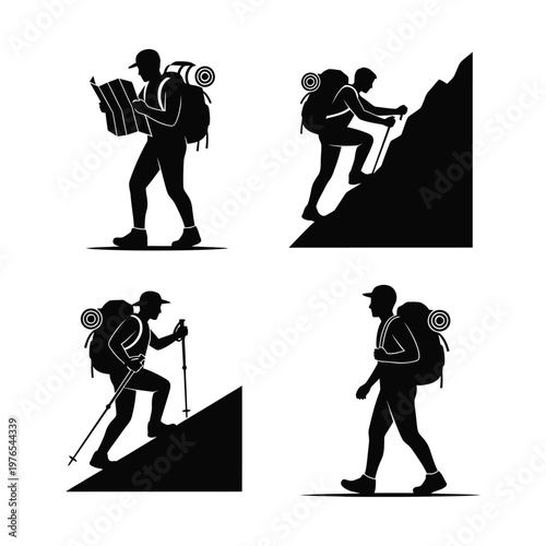 Four hikers navigating different stages of a mountainous terrain adventure