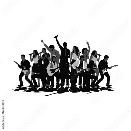 Silhouettes of a diverse band performing together on stage
