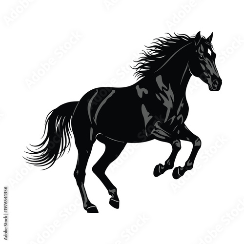 Graceful black horse in dynamic mid-gallop pose with flowing mane and tail