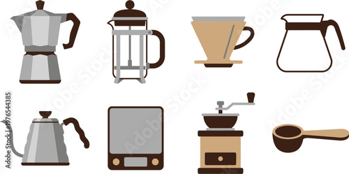 Coffee Brewing Tools Flat Vector Icon Set — Moka Pot French Press Pour-Over Gooseneck Kettle Grinder Carafe Scale Scoop
