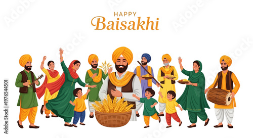 Illustrative vector art showcases a vibrant Baisakhi celebration with Punjabi people in traditional dress dancing and holding festive items, set against a clean white backdrop