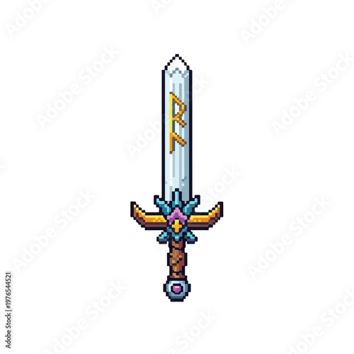 This pixel art vector showcases a detailed fantasy sword featuring golden runes on its silver blade and an ornate crossguard with colorful gems.