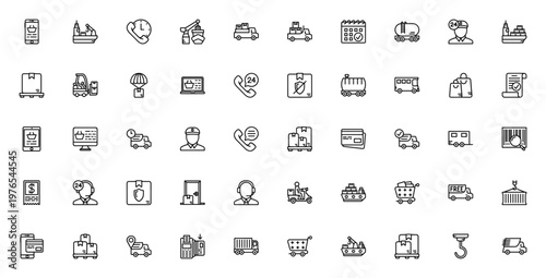 Delivery icon set. Vector illustration pack with smartphone, cargo ship, delivery truck, package, barcode, payment method and more. Editable thin line icons.