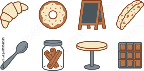 Cafe Companion Treats Flat Vector Icon Set — Croissant Donut Chalkboard Menu Biscotti Coffee Spoon Cinnamon Jar Table Chocolate
