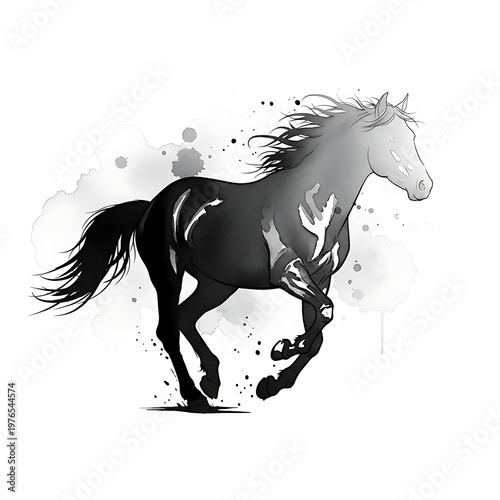Dynamic Black and White Watercolor Horse Galloping with Splashes.