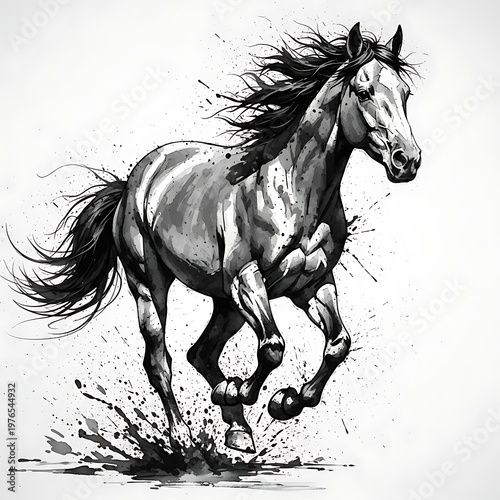Dynamic Black and White Horse Running Through Water Splashes.
