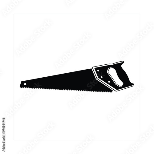 Black and white illustration of a handsaw with serrated edge and ergonomic handle