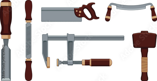 Woodworking Joinery and Assembly Equipment Flat Vector Pack Featuring Dovetail Saw Drawknife Mallet and F-Clamp Isolated on White Background