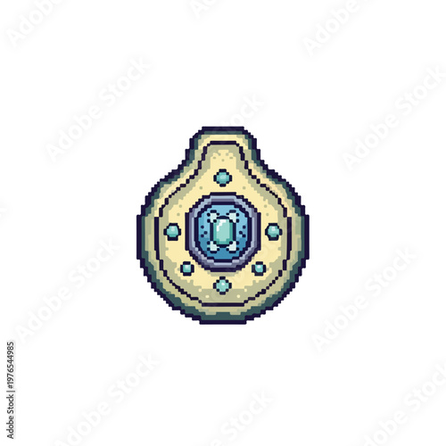 A pixel art vector featuring a cream-colored magical amulet adorned with light blue gemstones and a central orb, perfect for retro game designs.
