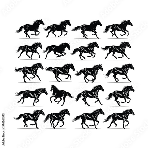 Dynamic sequence of galloping horses in black and white silhouette style