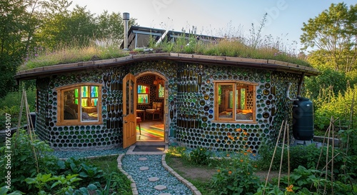 A house made of glass bottles, sustainable architecture concept, recycling, environmental.-gigapixel