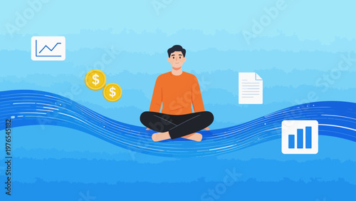 Man meditating with financial symbols