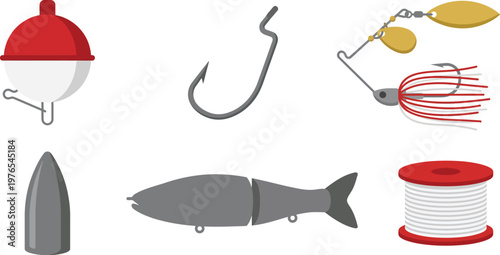 Essential Fishing Terminal Tackle Element Set Flat Vector Graphics Featuring Bobber Worm Hook Spinnerbait Lure Sinkers and Fishing Line Isolated