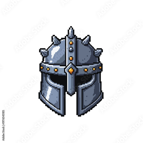 A pixel art illustration of a formidable medieval knight helmet, featuring sharp spikes, polished steel plates, and golden decorative studs.