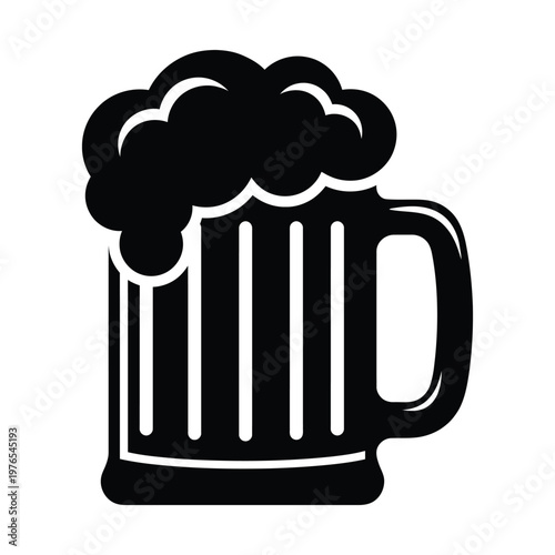 A stylized black and white illustration of a frothy beer mug with steam rising from the top