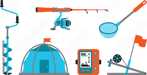 Ice Fishing Specific Tools and Equipment Flat Vector Set Featuring Ice Auger Jig Rod Skimmer Ladle Portable Shelter and Depth Flasher Isolated