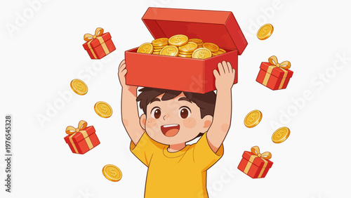 Boy holding box of coins and gifts