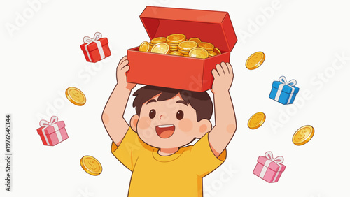 Boy holding treasure box with coins