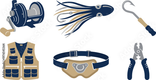 Saltwater and Big Game Fishing Equipment Flat Vector Collection Featuring Trolling Reel Offshore Lure Gaff Hook and Fishing Vest Isolated