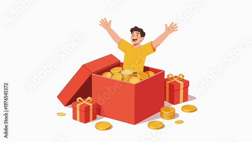 Joyful person in gift box with coins