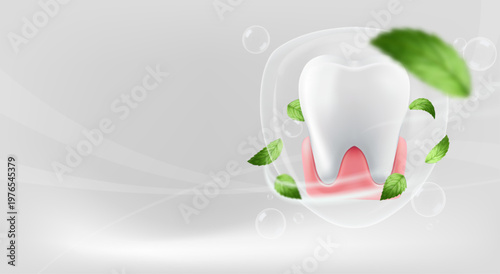illustration featuring a clean white molar tooth and healthy pink gums protected inside a transparent liquid shield herbal freshness