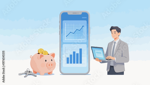 Businessman with phone and piggy bank