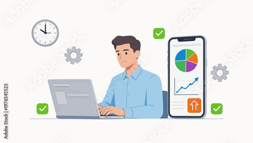 Man working on laptop with phone and icons