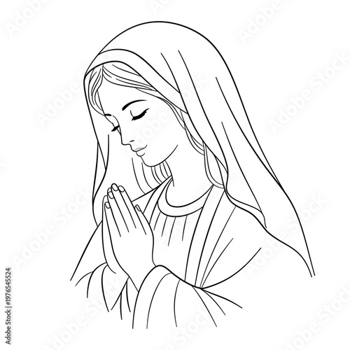 Matka Boska modląca się ze złożonymi dłońmi. Idealna grafika na kartki religijne, dewocjonalia, obrazki modlitewne, zaproszenia komunijne i materiały kościelne.